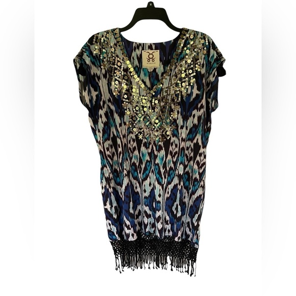 NWT Figue Anais Blue Ikat  Party Mini Dress Women's Sequins Fringe Size Small‎ - Picture 6 of 16